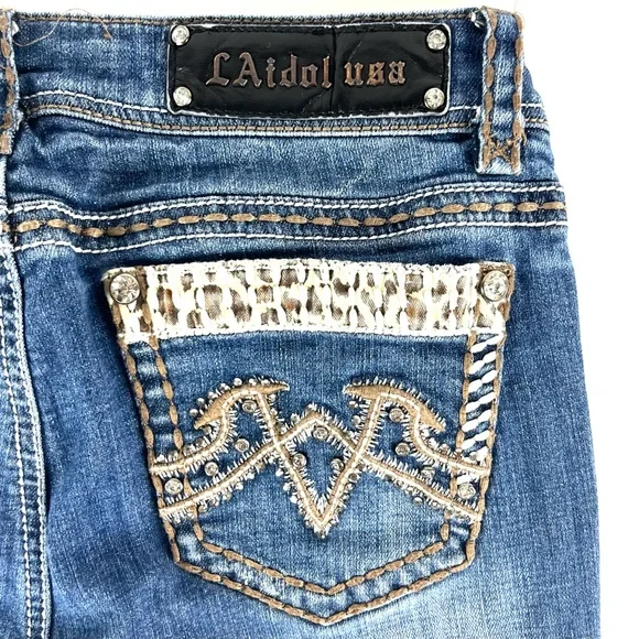 LA Idol USA Leopard Pocket Rhinestone Studded Medium Wash Skinny Jeans - Picture 8 of 9
